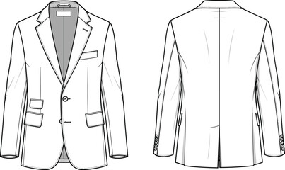 Men’s tailored blazer technical flat sketch with notch lapel, front and back view, fashion CAD jacket template for designers © Moksedul Creative