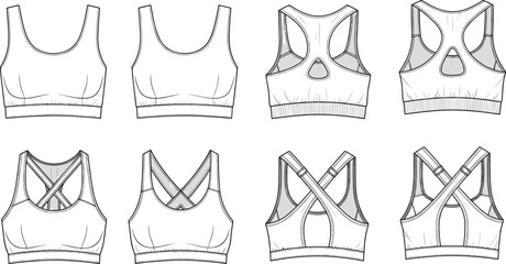 Women’s sports bra technical flat sketch with racerback and crossback styles, activewear fashion CAD drawing, front and back vector template © Moksedul Creative