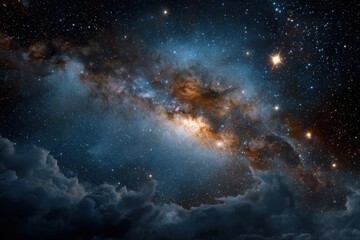 Obraz premium Vibrant night sky revealing a stunning universe filled with stars and a colorful nebula shining amidst swirling clouds