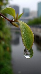Close-up of dewdrop on leaf, city in background