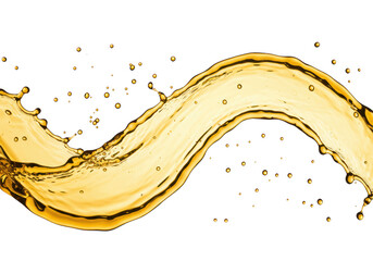 Fototapeta premium Yellow liquid splash forming a wave with droplets, isolated on transparent background