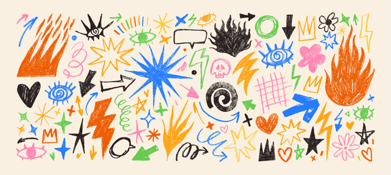 Colorful crayon drawn punk tattoo stickers. Collection of flame icons, fire, lightnings, eye shapes.