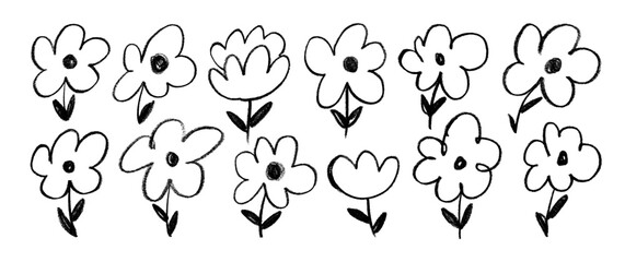 Fototapeta premium Crayon drawn funky chamomile flowers collection. Hand drawn chalk or pencil daisies. Crayon vector botanical illustration. Simple cute childish flowers. Meadow vector plants.