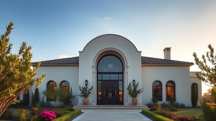 Obraz premium Grand arched doorway of a contemporary villa, framed by Mediterranean gardens under golden hour light.