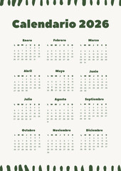 Hand drawn 2026 calendar template in spanish