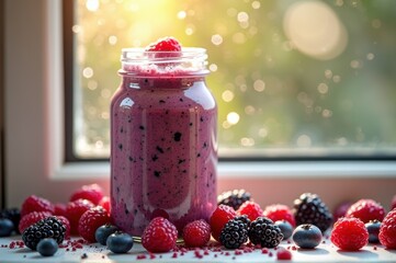 Refreshing mixed berry smoothie with fresh strawberries and blueberries in jar