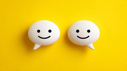 Two smiling speech bubbles on a bright yellow background conveying happiness and positivity in a simple design