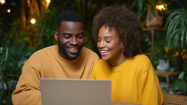 happy couple working together on a laptop in a cozy, modern living room, surrounded by houseplants and warm decor, both smiling and enjoying their time home office, couple teamwo - Powered by Adobe