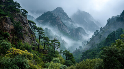 Majestic mountain landscape with lush greenery misty peaks rocky formations and scenic views showcasing natural beauty and outdoor adventure in a serene environment