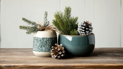 Decorative winter plant arrangements on a rustic wooden surface