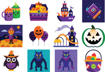 Collection of Halloween Themed Vector Icons with Various Spooky and Festive Designs