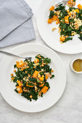 Kale and orzo salad with baked sweet potato. Healthy eating ideas. 