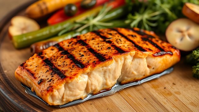 Grilled salmon with fresh seasonal vegetables on a rustic wooden table, showcasing a delicious and healthy meal.
