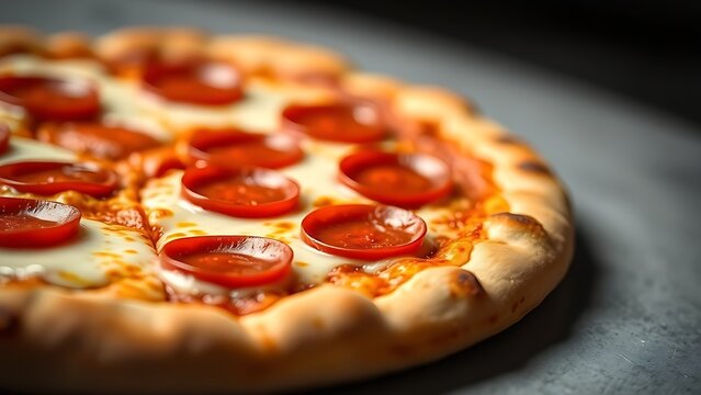 Close-up of a pepperoni pizza with melted cheese, showcasing warm tones and a clean presentation.
