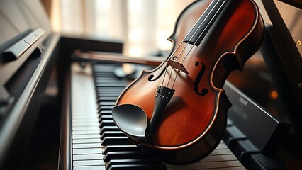 Elegant arrangement of classical instruments, violin and piano keys glowing with timeless musical charm.