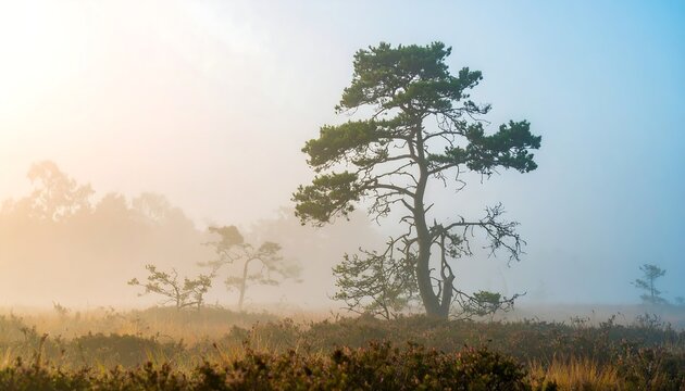 Misty sunrise scene with a solitary pine tree standing prominently in a foggy moorland landscape - Powered by Adobe