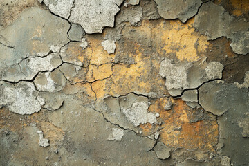 Obraz premium Close up reveals peeling paint and cracks on a wall, exposing yellow underlayers. The texture indicates age, wear, and damage to the surface