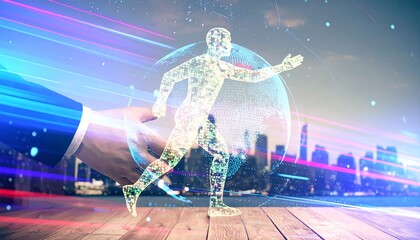 Futuristic digital human figure runs around a globe on a wooden surface, against a city skyline