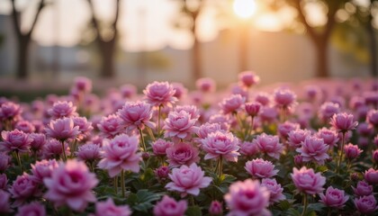 Obraz premium Radiant pink flowers basking in the warm sunlight closeup view of nature beauty