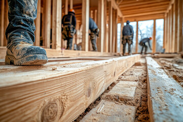 Construction workers install wooden floors inside a new residential house with wooden framing