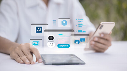 Hand Using Tablet With Virtual AI Upgrade And Software Enhancement Icons