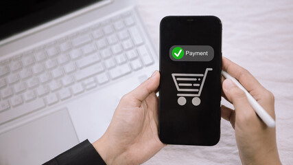 Mobile payment confirmation and online shopping cart icon