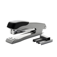 Silver and black stapler with staples isolated on transparent background
