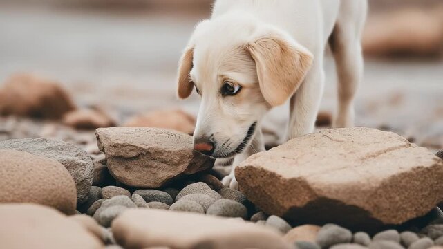 Curious puppy sniffing stones on rocky ground with soft natural light