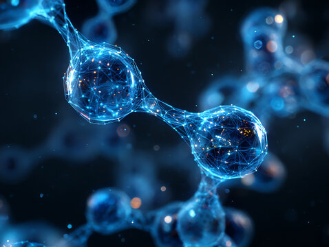 A close-up view of glowing molecular structures in blue hues.