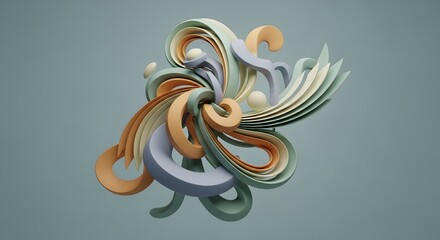 An elegant 3D abstract sculpture of intertwined pastel ribbons, swirls, and spheres floating on a soft background.