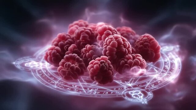 mystical glowing potion made of raspberries and cloves, floating in air, vapor trails forming mag