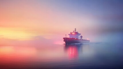 Misty sunset voyage ship sailing through foggy waters at golden hour tranquil