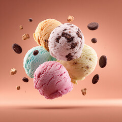Colorful ice cream scoops and chocolate chips floating in air. Sweet dessert concept for summer menu or culinary advertising.