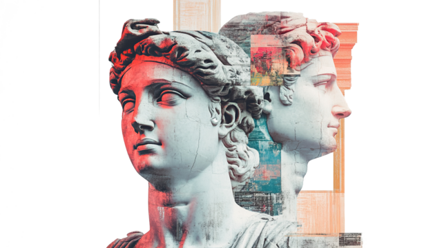 Modern collage of classical sculpture fragments isolated on transparent background. PNG