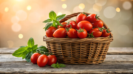 Wicker basket overflowing with ripe red tomatoes and fresh basil leaves