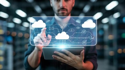 Man using tablet with glowing cloud computing interface in modern data center surrounded by server racks and digital network connections
- Powered by Adobe