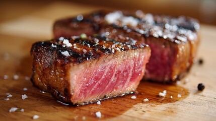 Juicy medium rare steak sliced on wooden board with coarse sea salt and pepper