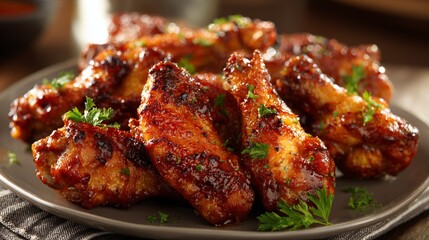 Plate of glazed barbecue chicken wings garnished with fresh herbs