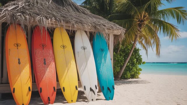 Colorful surfboards standing upright against thatched hut on tropical sandy beach with palm trees and turquoise ocean under sunny sky

