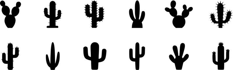 Diverse black cactus silhouettes with varied shapes and spines desert plant