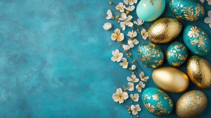 Colorful easter eggs decorated with flowers on turquoise background