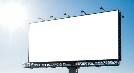 Obraz premium Mockup empty white advertising billboard in day on sky background. Outdoor advertisement template poster for urban commercial marketing campaigns