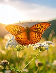 Fototapeta premium Orange butterfly perched on a white flower in a sunlit meadow