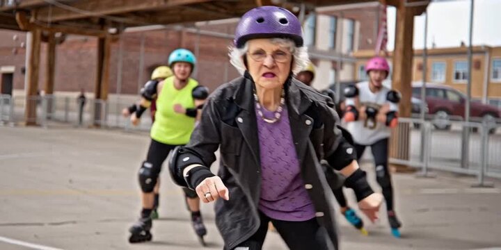 Older people skating on roller skates during roller derby for seniors