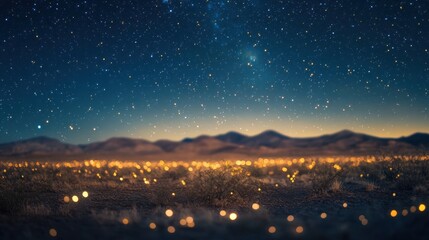Starry night sky over a desert landscape with glowing lights