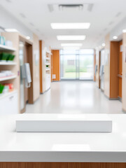 Empty blank white table top counter with blurred hospital clinic medical interior background for product display mockup.