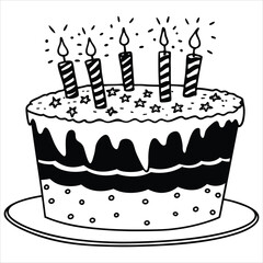  birthday cake vector. birthday cake slices with candles cartoon vector illustration. Black and white birthday cake with candle clipart. Hand drawn vector illustration. cake vector