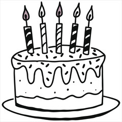  birthday cake vector. birthday cake slices with candles cartoon vector illustration. Black and white birthday cake with candle clipart. Hand drawn vector illustration. cake vector