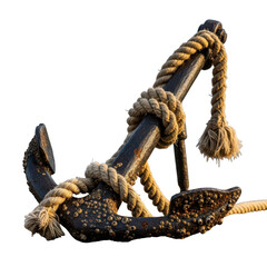 Art of a weathered maritime anchor with a thick rope is placed on a pebble beach near the gentle ocean waves