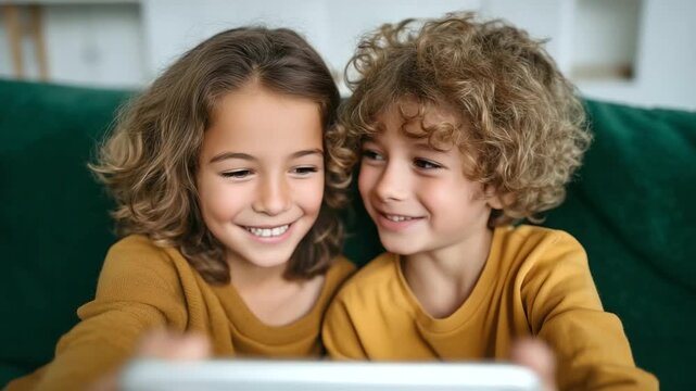 Smiling brother and sister posing for a selfie on the sofa, holding a tablet, showing peace sign, enjoying quality family time at home childhood happiness, fun together, relaxed fa